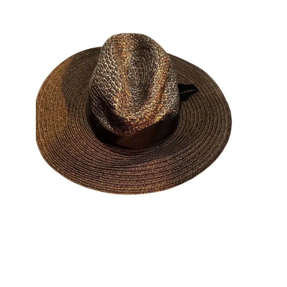 Goorin Bros Wide Brim Straw Hat Brown Ribbon with Tortoise Shell Buckle Medium